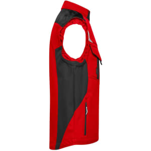 A red and black softshell vest featuring a zippered pocket and side openings, designed for workwear use. There is a logo present.