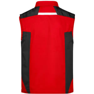A red work vest with black panels and a reflective strip at the back, featuring a logo on one side.