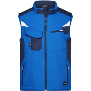 A blue softshell vest featuring multiple pockets and contrasting navy sections, with a logo on it.