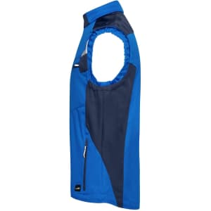 A blue and navy softshell work vest featuring a zip pocket and a logo. It has a sleeveless design.