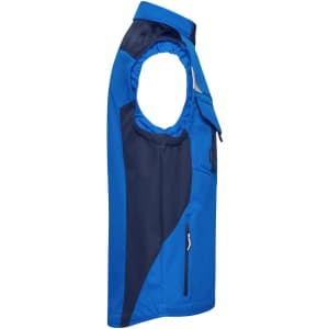 A blue softshell vest featuring a navy panel on one side and a logo. It has pockets and no sleeves.