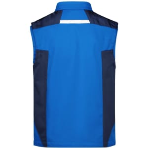 A blue workwear softshell vest featuring navy accents and a logo on the back.