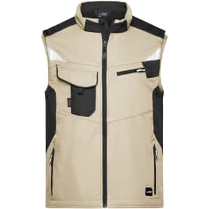 A softshell vest in beige and black, featuring multiple pockets and a zip front, with a logo displayed.