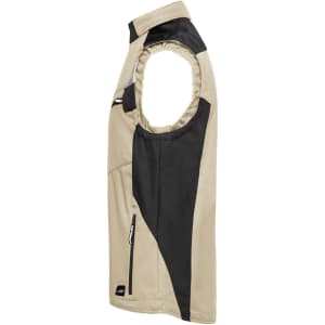 A softshell vest in beige and black featuring a zip pocket and a logo. Suitable for workwear purposes.