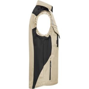 A softshell vest in beige and black, featuring a side zipper pocket and a branded logo.