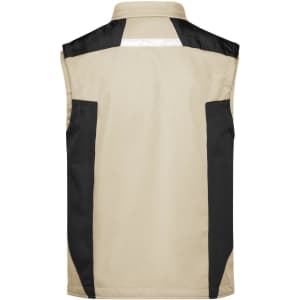 A beige softshell vest with black panels on the sides and back, featuring a logo.
