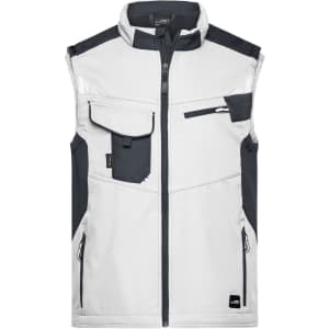 A softshell vest in light grey with dark grey accents, featuring multiple pockets and a front zipper. It has branding.