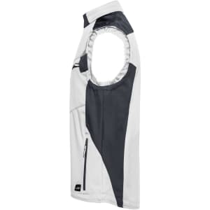 A softshell vest in white and dark grey, featuring an armhole design and a zippered pocket. It has a logo.