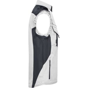 A softshell vest featuring a grey and black design, with armholes and a zippered pocket. It includes a logo.