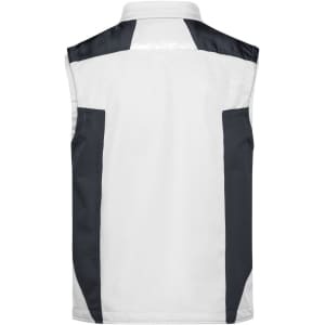 A softshell vest in white with grey panels at the sides and back, featuring a logo.