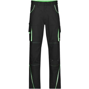 Black workwear pants with green accents and multiple pockets. The pants have a logo on them.