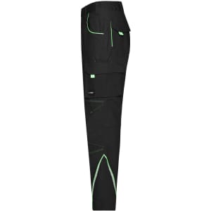 Workwear pants in black with green accents, featuring multiple pockets and a side view display.