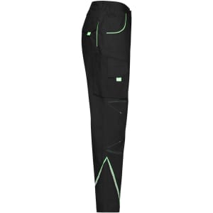 Black workwear pants featuring multiple pockets and green detailing. The pants have a logo on the side.