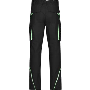 Black workwear pants with green detailing and multiple pockets, featuring a logo on the back.