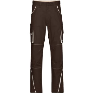 Brown workwear pants featuring cargo pockets and reflective detailing, with a logo on the waistband.