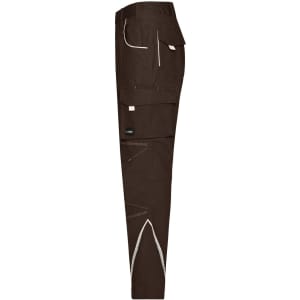 Brown work pants featuring multiple pockets and contrasting stitching, designed for durability and functionality.