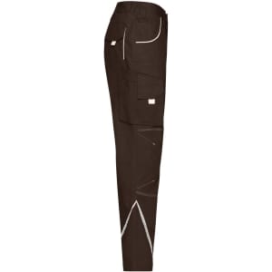Workwear pants in dark brown, featuring multiple pockets and contrasting stitching details. Includes a logo on the side.
