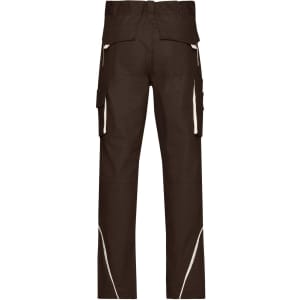 Brown workwear pants featuring multiple pockets and a logo, shown from the back.
