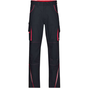 Workwear pants in navy blue with red accents, featuring multiple pockets and a branded logo.