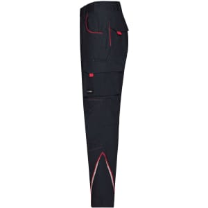 Workwear pants in navy blue with red accents, featuring multiple pockets and a logo on the side.