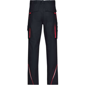 Workwear pants in navy with red detailing, featuring cargo pockets and a logo on the waistband.