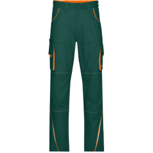 Green workwear pants with orange accents and multiple pockets, designed for durability and practicality.