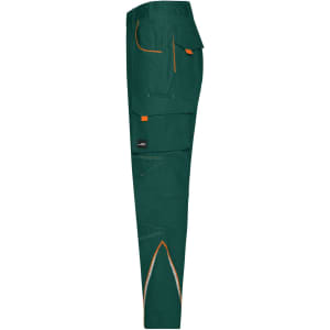 A pair of green workwear pants with orange stitching and multiple pockets, featuring a logo on the side.