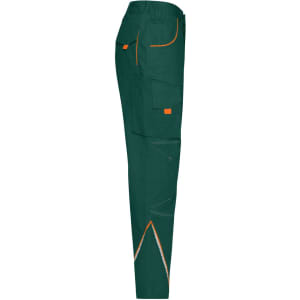 Green workwear pants with orange detailing, featuring multiple pockets and a fitted design. Includes a logo.