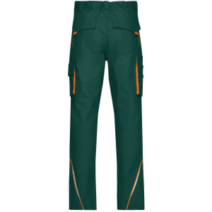 Workwear pants in green with orange detailing, featuring multiple pockets and a straight-leg design.