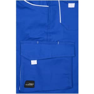 A pair of blue workwear pants featuring multiple pockets and a logo.