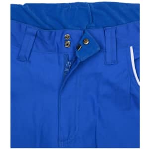 A close-up of blue workwear pants, featuring a zip fly and button closure, with a waistband detail and pocket openings.
