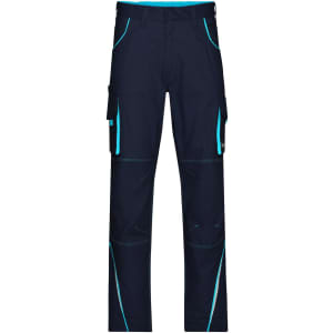 Navy workwear pants featuring contrasting turquoise accents and multiple utility pockets. Includes a logo branding.