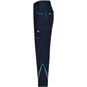 Navy work pants with contrasting light blue stitching and pockets, featuring a logo on the side.