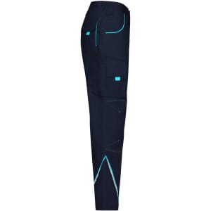 Workwear Pants in navy blue with turquoise detailing. Features cargo pockets and reinforced stitching. Branding present.