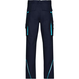 Workwear pants in navy blue featuring turquoise accents and multiple pockets. Includes a logo on the design.