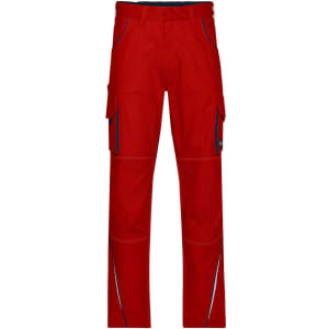 Red workwear pants with pockets and a logo, designed for durability and functionality.