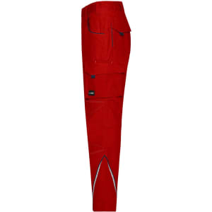 Red workwear pants featuring multiple pockets and reflective details, with a logo present on the waistband.