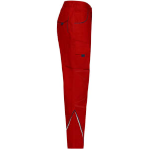 Red workwear pants featuring multiple pockets and reflective detailing. The pants have a straight leg design.
