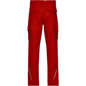 Red workwear pants featuring multiple pockets and detailing. The back view highlights the design and fit.