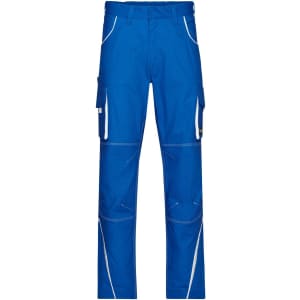 Bright blue workwear pants featuring multiple pockets and contrasting stitching details. Includes logo branding.