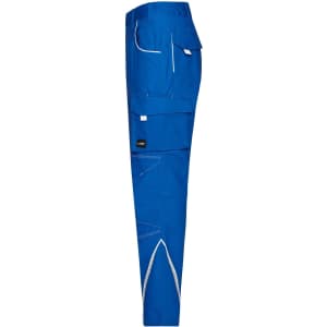Blue workwear pants featuring multiple pockets and reflective detailing, with a visible brand logo on the side.