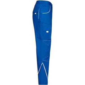 Bright blue workwear pants featuring multiple pockets and reflective detailing, with a branding logo.