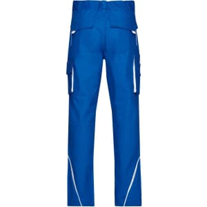Workwear pants in bright blue, featuring multiple pockets and a comfortable fit. Includes a logo on the waistband.