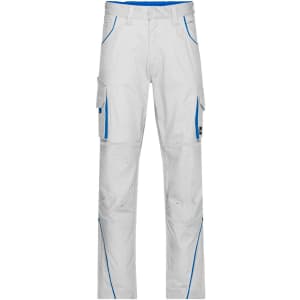 Workwear pants in light grey with blue detailing, featuring multiple pockets and a logo.