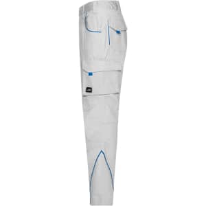 Workwear pants in white with blue accents, featuring multiple pockets and a logo.