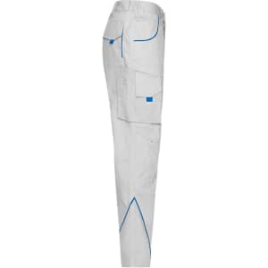 A pair of white workwear pants with blue stitching and pockets, featuring a side view of the garment.
