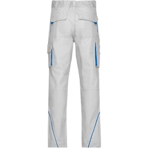 Workwear pants in white with blue accents, featuring multiple pockets and a back view.