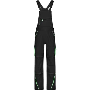 Black workwear pants with bib featuring green accents and multiple pockets. Includes adjustable shoulder straps and a logo.