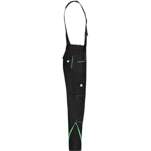 Workwear pants with bib in black, featuring green accents and multiple pockets; includes a logo on the fabric.