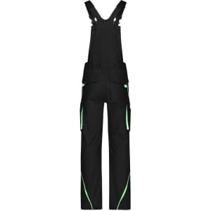 Workwear pants with bib in black, featuring green accents and multiple pockets. Includes adjustable shoulder straps.